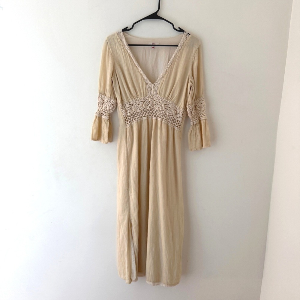 Joie 100% Cotton Crochet Maxi Dress M Boho Bell Sleeve Cream USA Festival Beachy